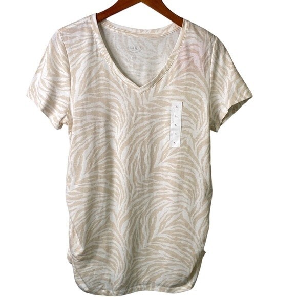 Isabel Maternity Zebra Print  Shirred V-Neck Short Sleeve Tee Top T-Shirt Beige - Picture 2 of 14
